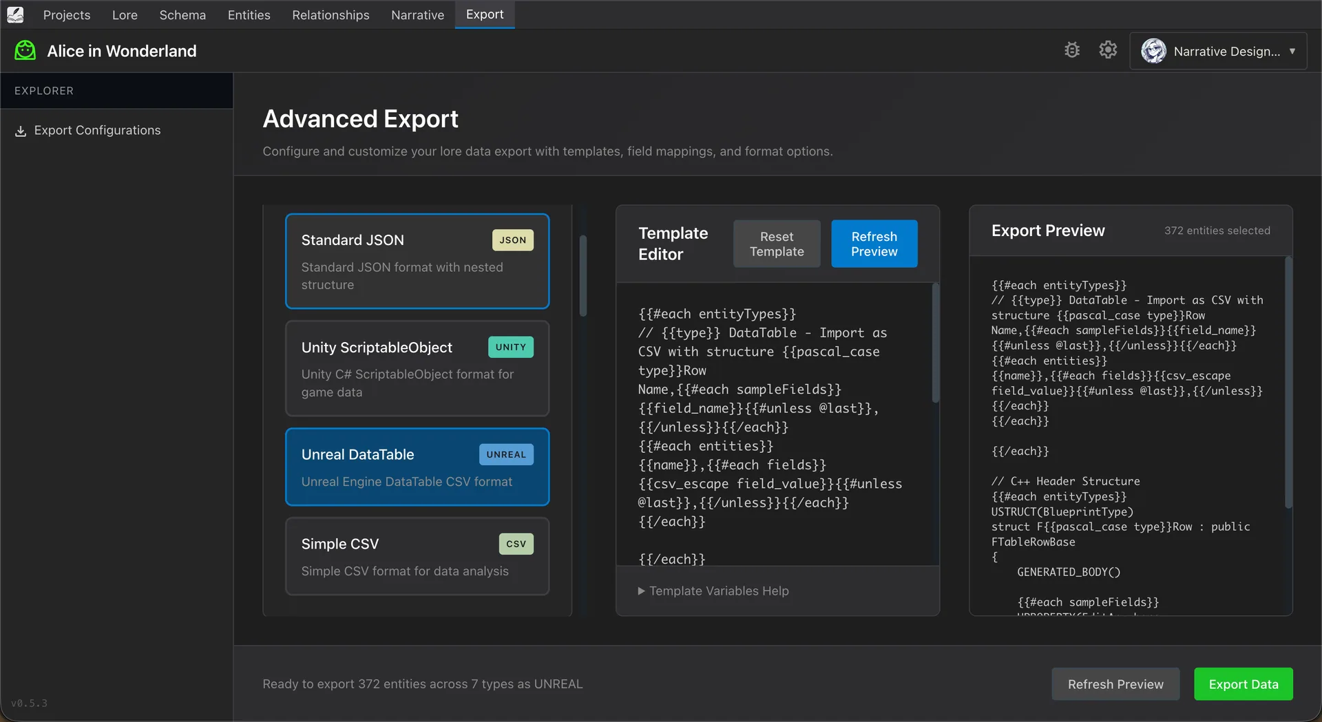 Advanced export with engine templates